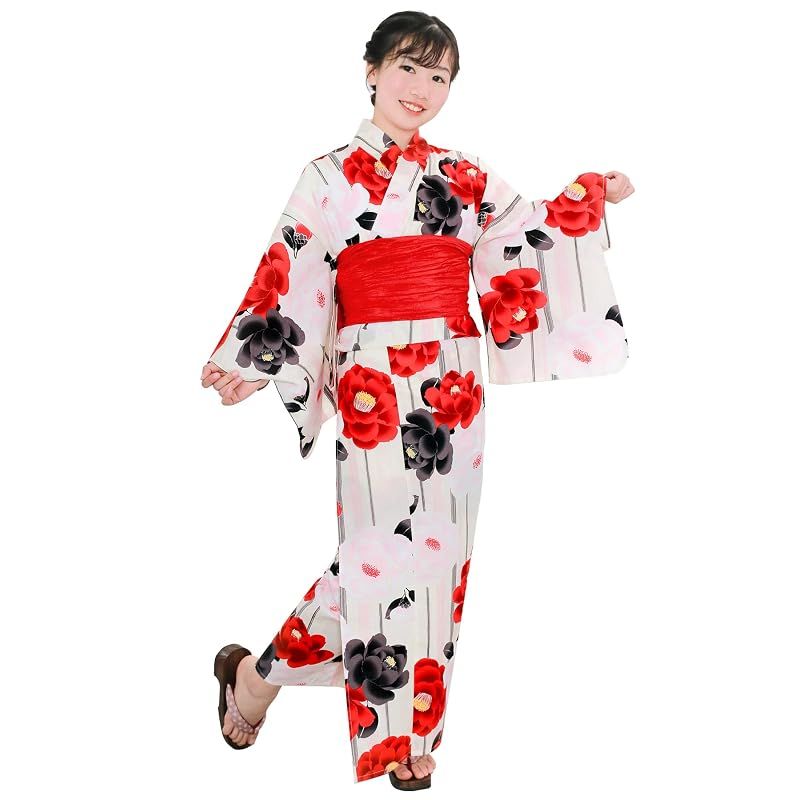 [KYOETSU] [キョウエツ] 浴衣セット 女の子 変わり織 生成り 3点セット(浴衣、兵児帯、下駄) ガールズ ジュニア (7.懐古乙女椿, 130cm)
