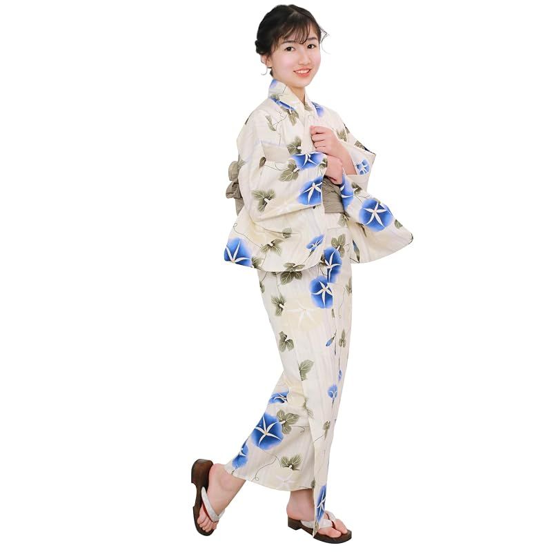 [KYOETSU] [キョウエツ] 浴衣セット 女の子 変わり織 生成り 3点セット(浴衣、兵児帯、下駄) ガールズ ジュニア (6.涼夏のしぐれ, 130cm)
