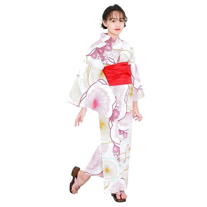 [KYOETSU] [キョウエツ] 浴衣セット 女の子 変わり織 生成り 3点セット(浴衣、兵児帯、下駄) ガールズ ジュニア (6.江戸梅重ね, 120cm)