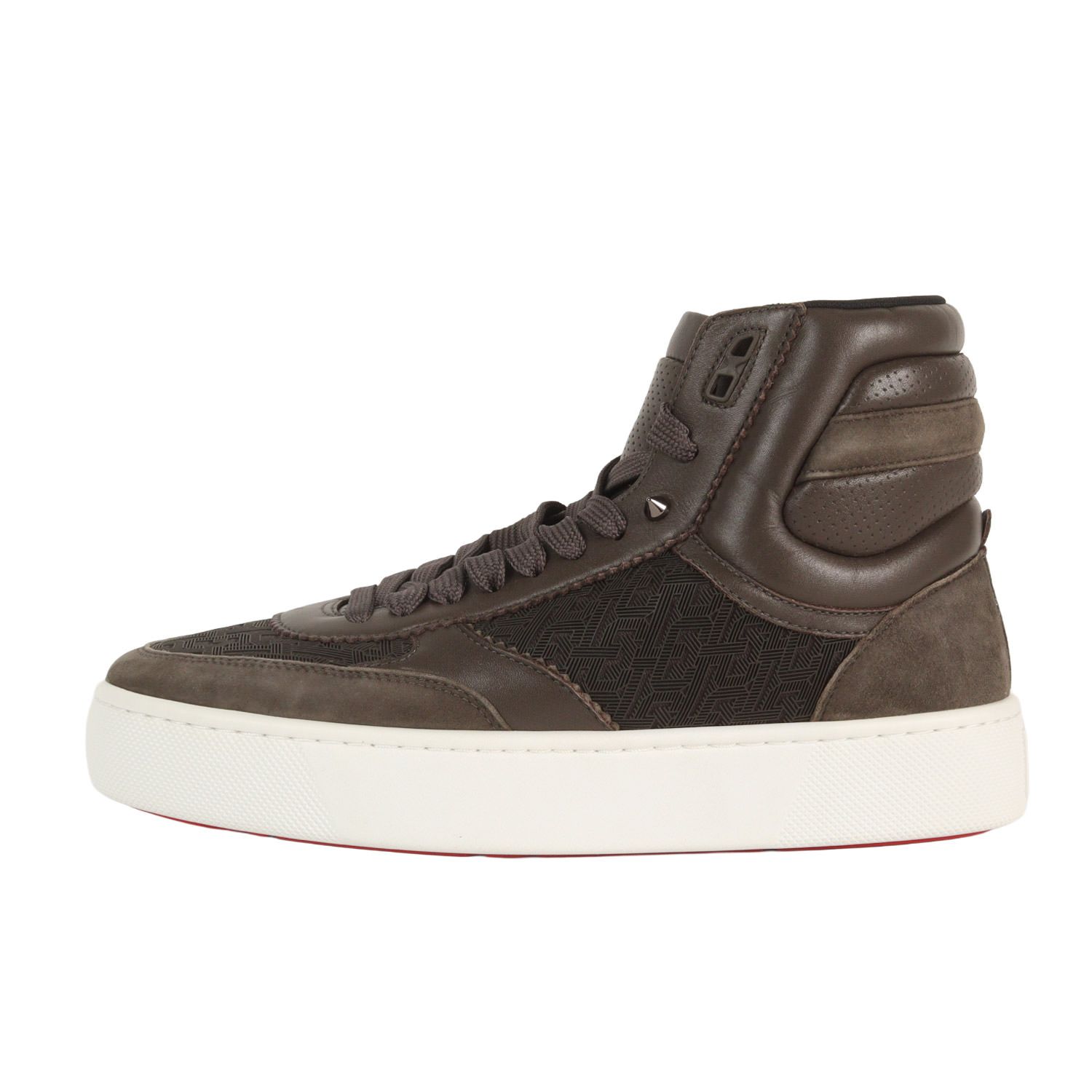 【新品同様】Christian Louboutin サイズ:40 1/2(25.5cm相当) スパイクスタッズ付き モノグラム レザー コンビ ハイカット スニーカー TOP LUI ブラウン イタリア製 ブランド シューズ 靴【メンズ】【中古】