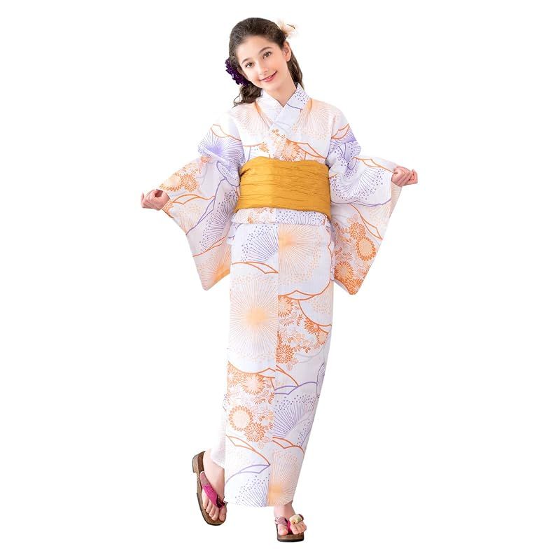 [KYOETSU] [キョウエツ] 浴衣セット 女の子 変わり織 生成り 3点セット(浴衣、兵児帯、下駄) ガールズ ジュニア (3.花襲みやび, 110cm)