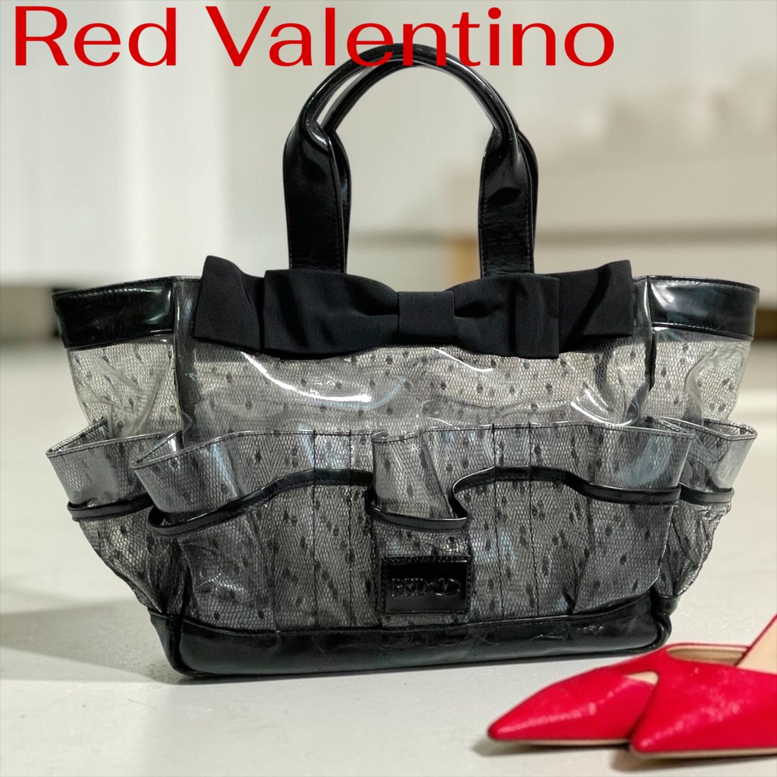 RED VALENTINO ハンドバッグ ドット柄 リボン ブラック シースルー フリル