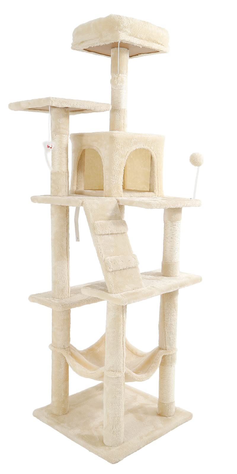 ★新品★リコメン堂 キャットタワー 据え置き スリム 爪とぎ 隠れ家 展望台 おもちゃ 多頭飼い (ベージュ, 49cm x 48cm x 162cm) 65360de0
