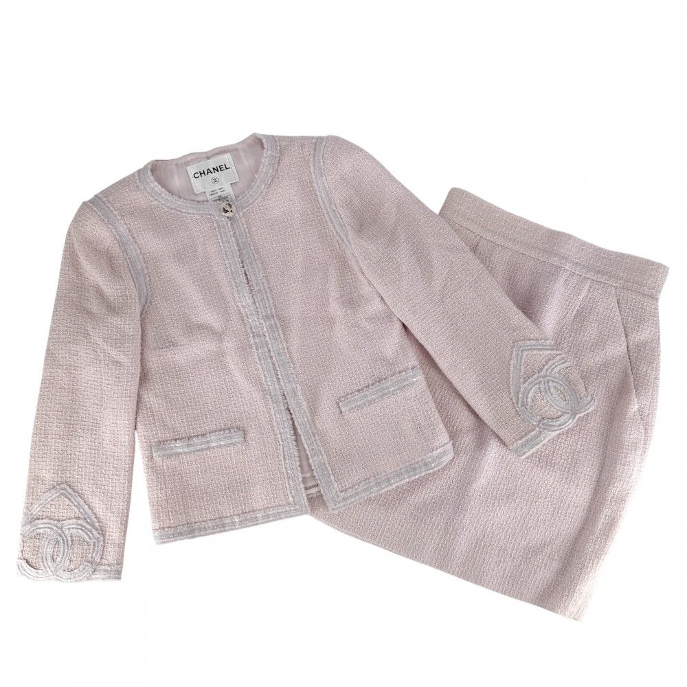 シャネル セットアップ レディース ツイード ノーカラージャケット スカート ココマーク アパレル 服 CHANEL 38 ピンク ウール ナイロン 春 秋 2009年【中古品】 110,000円