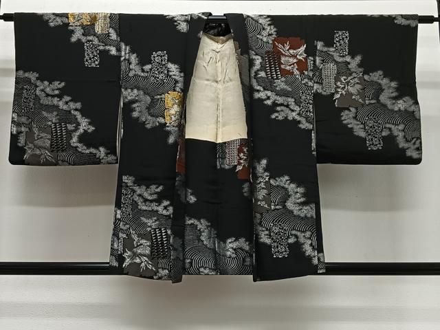 平和屋着物＃羽織　寿光織　立波色紙花文　黒地　金銀糸　正絹　逸品　CABG3967ua
