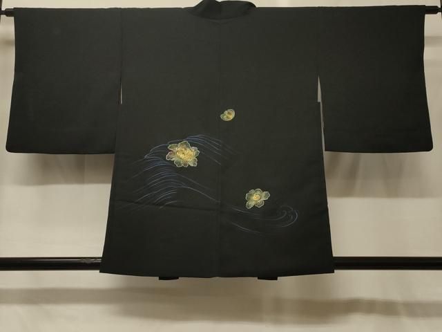 平和屋着物＃羽織　駒刺繍　流水舞花文　黒地　正絹　逸品　CABG8223in