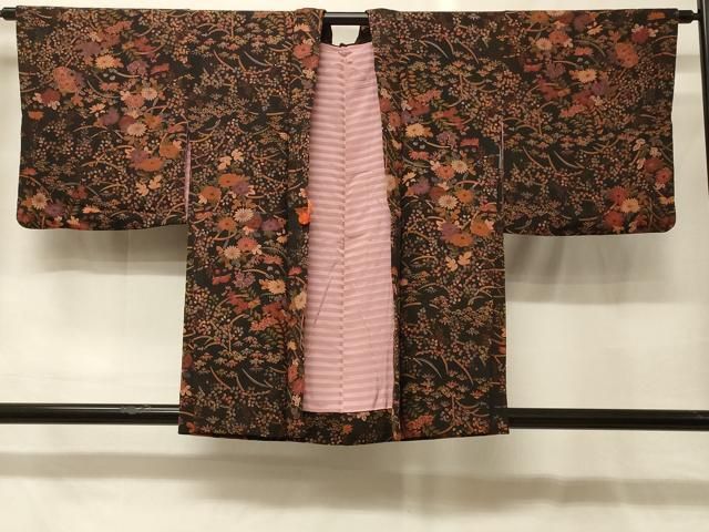 平和屋着物#羽織 草花文 黒地 鬼しぼ縮緬 正絹 逸品 CABG8256in