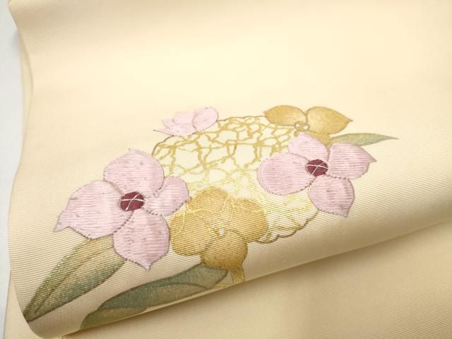 平和屋着物○塩瀬 つけ帯 駒刺繍 舞花文 金彩 正絹 逸品 CABB9448hy