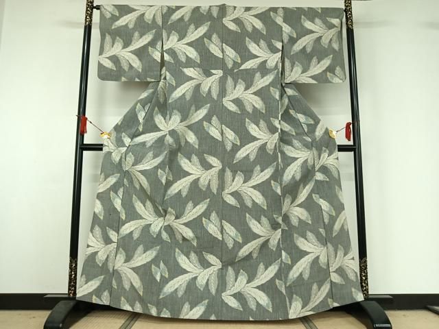 平和屋着物▽上質な紬　単衣　草葉文　正絹　逸品　AABJ1733jh