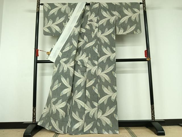 平和屋着物▽上質な紬　単衣　草葉文　正絹　逸品　AABJ1733jh