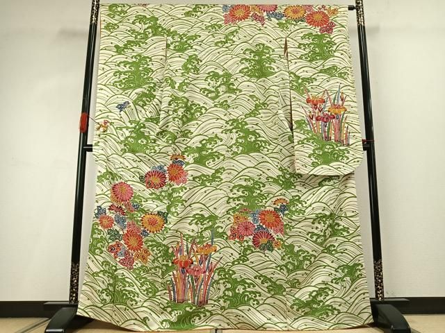 平和屋着物●豪華振袖　型染め　立波草花文　正絹　逸品　AABI9271fy