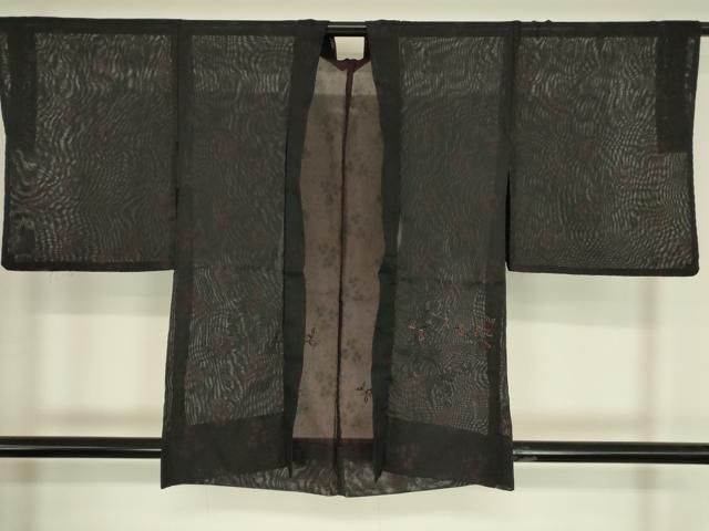 平和屋着物▽羽織　スリーシーズン　春夏秋　塵除け　刺繍　紗　草花文　黒地　正絹　逸品　DABG0236az