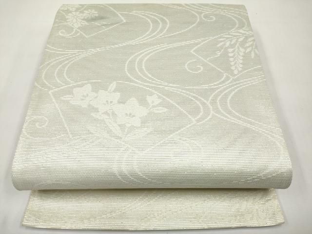 平和屋着物＊夏物　六通柄袋帯　流水地紙花文　銀糸　正絹　逸品　CABK1607tx