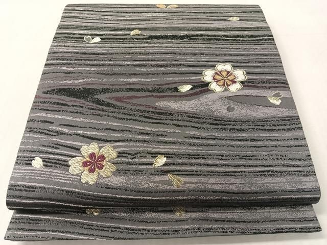 平和屋着物●両面　六通柄袋帯　和紙・バンブー糸織　舞桜　金糸　正絹　逸品　CABK4444vp