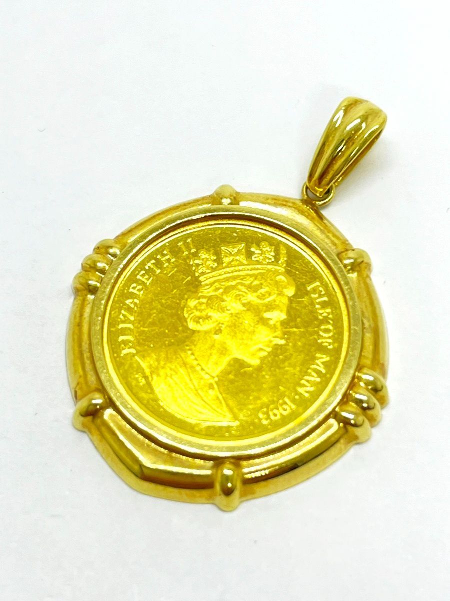 【24金】 純金 999.9 イエロー ゴールド 1/10oz 3.1g マン島キャット コイントップ 枠 K18 18金 1.9g 1993年 ネコ 猫 絵柄 M-J81 0714/5.0
