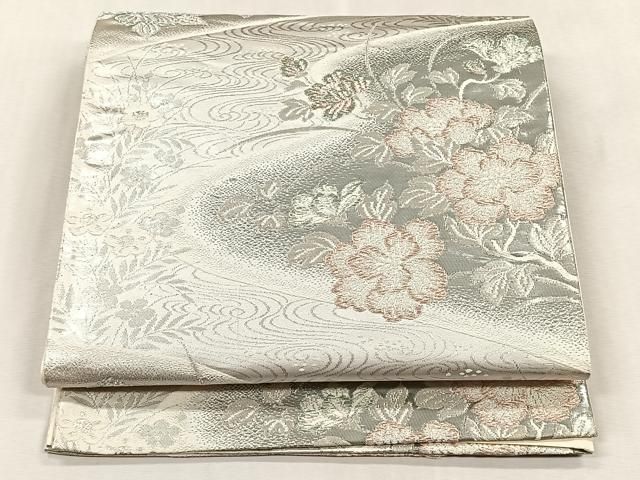 平和屋着物◎六通柄袋帯 流水草花文 プラチナ箔 正絹 逸品 CABJ6089yk