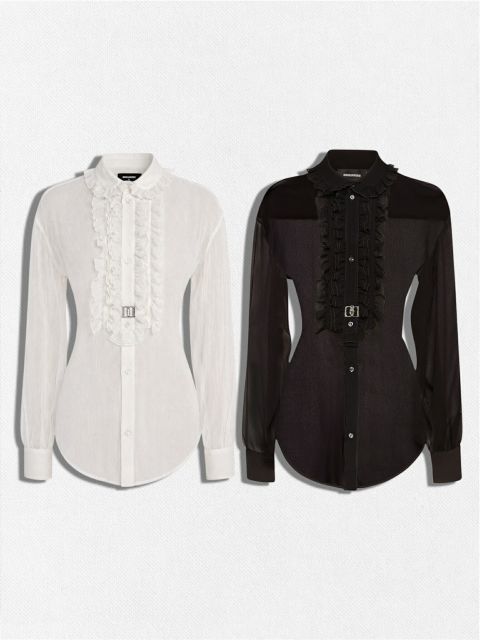 種類5：42/ブラック 【定価213,400円(税込)】DSQUARED2 ディースクエアード 軽やかで透け感ある生地感が大人の色香漂わせる シースルーフリルシャツ フリルデザイン シルク シアーブラウス ロングスリーブトップス 長袖 絹 透け S75DL08