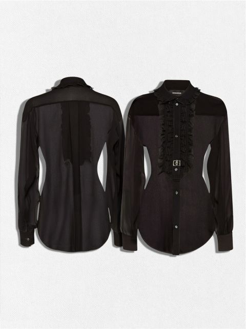 種類5：42/ブラック 【定価213,400円(税込)】DSQUARED2 ディースクエアード 軽やかで透け感ある生地感が大人の色香漂わせる シースルーフリルシャツ フリルデザイン シルク シアーブラウス ロングスリーブトップス 長袖 絹 透け S75DL08