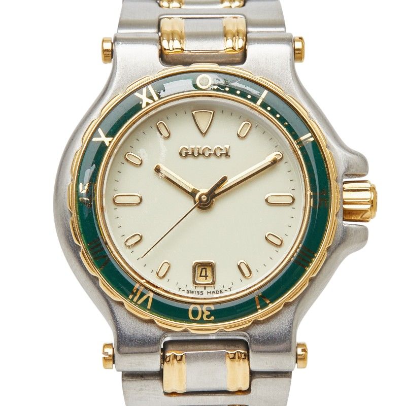 グッチ ヴィンテージ 腕時計 9700L シルバー ゴールド グリーン ステンレススチール メッキ レディース GUCCI【1-0275445】