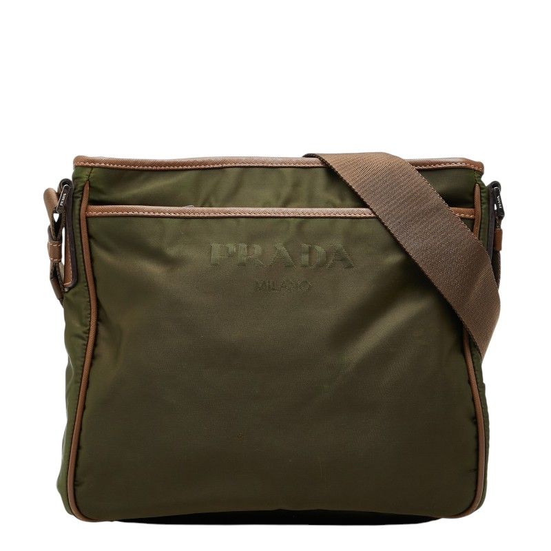 プラダ 三角ロゴプレート 斜め掛け ショルダーバッグ カーキグリーン ブラウン ナイロン レザー レディース PRADA【1-0276713】