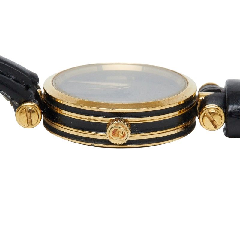 グッチ 腕時計 社外ベルト ブラック メッキ レザー レディース GUCCI【1-0278537】