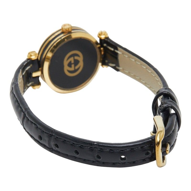 グッチ 腕時計 社外ベルト ブラック メッキ レザー レディース GUCCI【1-0278537】