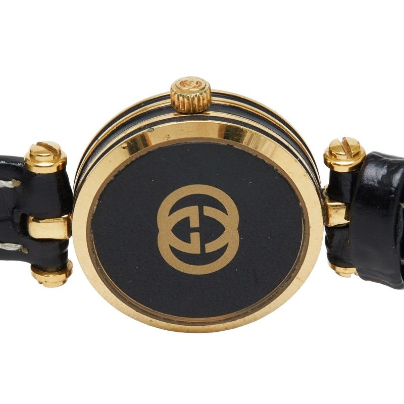 グッチ 腕時計 社外ベルト ブラック メッキ レザー レディース GUCCI【1-0278537】