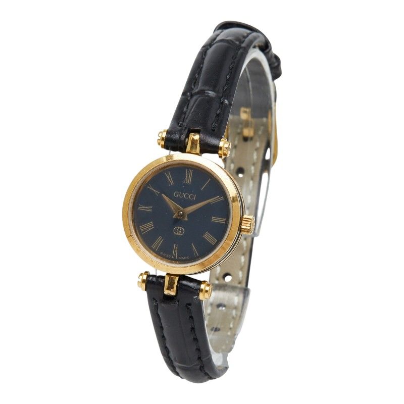 グッチ 腕時計 社外ベルト ブラック メッキ レザー レディース GUCCI【1-0278537】