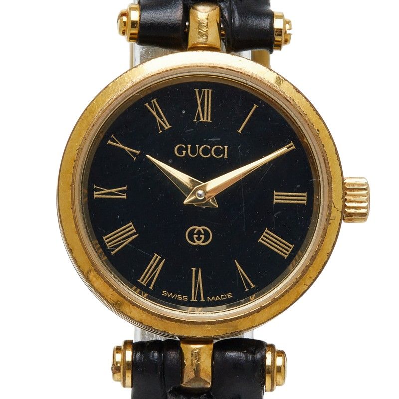 グッチ 腕時計 ベルト社外品 ブラック メッキ レザー レディース GUCCI【1-0278538】