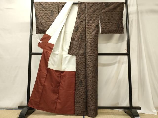 平和屋着物□上質な紬 菱花文 黒地 正絹 逸品 未使用 CABJ6920oy