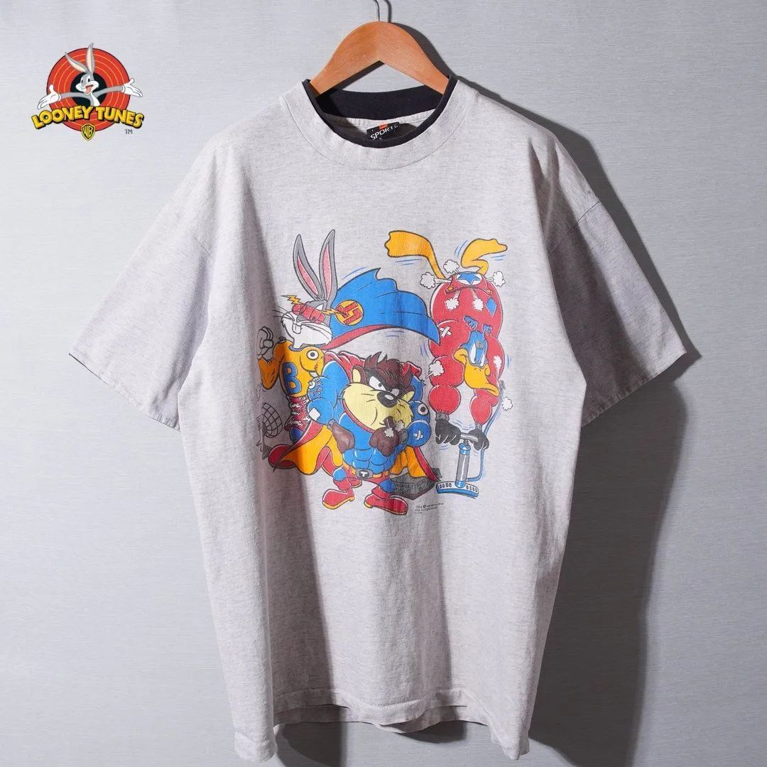 90s USA製Looney Tunes ビッグサイズ Tシャツシングルステッチ 90s USA製 1993年製 ルーニーテューンズ Tシャツ XL グレー