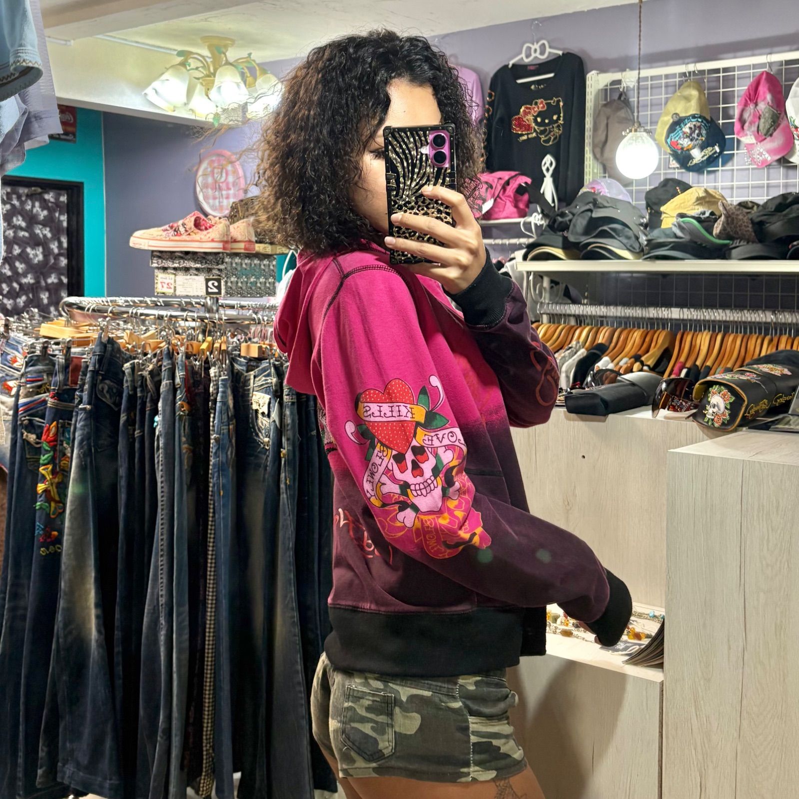 DON ED HARDY ベロア パーカー ジップアップパーカー スカル y2k ed hardy hoodie エドハーディ ジップアップパーカー スカル ライン