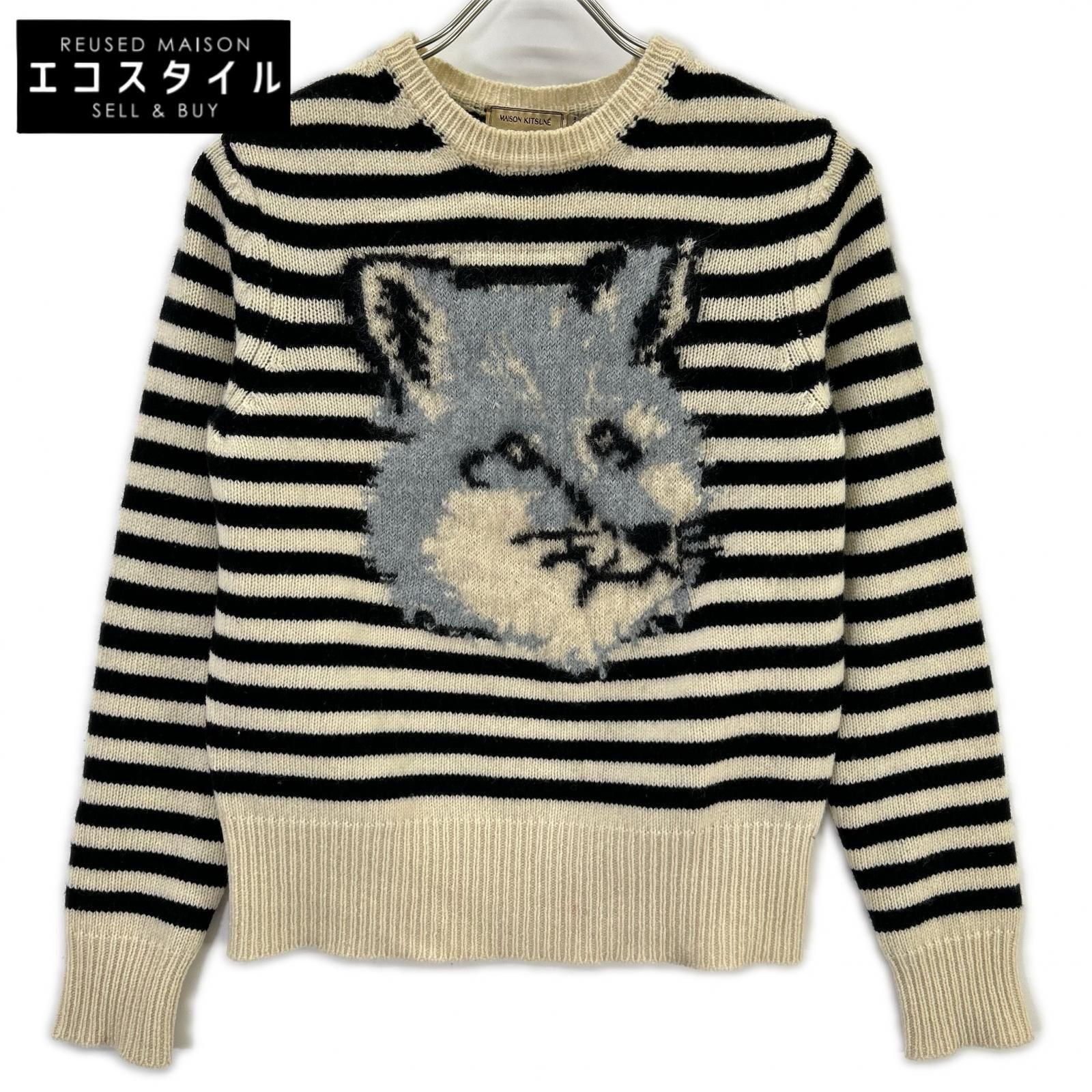 MAISON KITSUNE　メゾンキツネ　FW15W626 アイボリー×ブラック ウールモヘア フォックスヘッド セーター　S