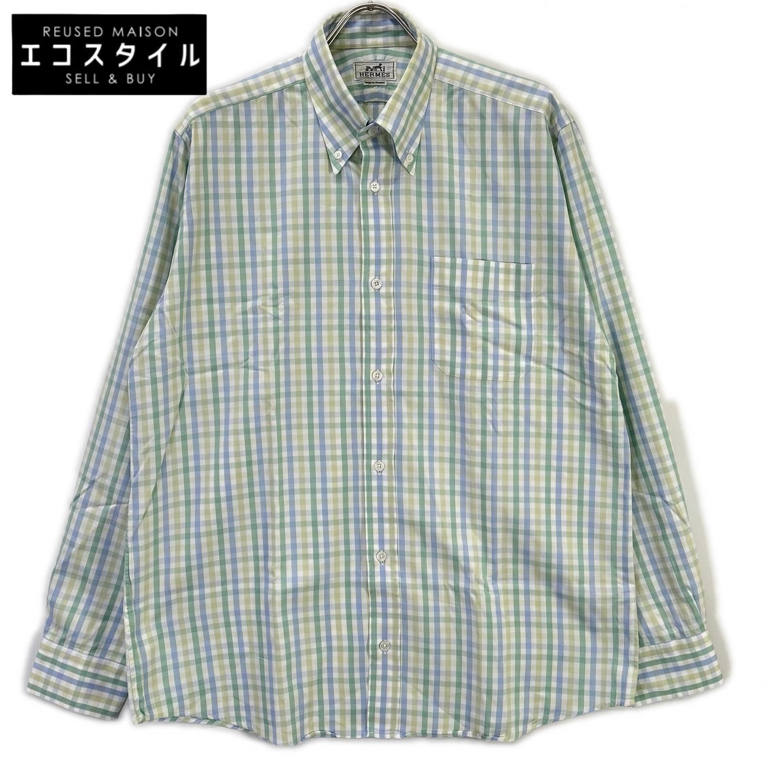 HERMES エルメス 長袖シャツ セリエボタン グリーン系 チェック 41/16