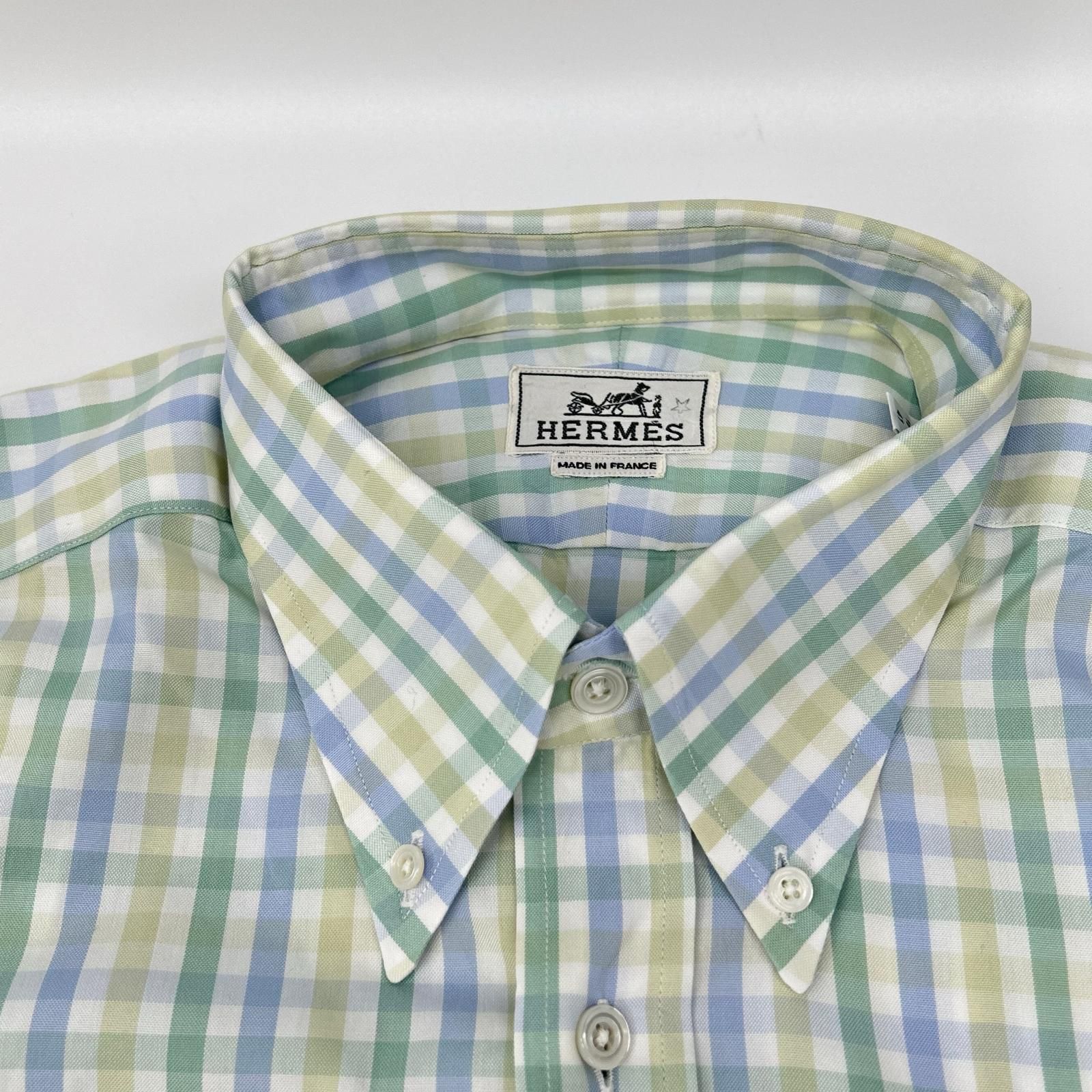 HERMES エルメス 長袖シャツ セリエボタン グリーン系 チェック 41/16