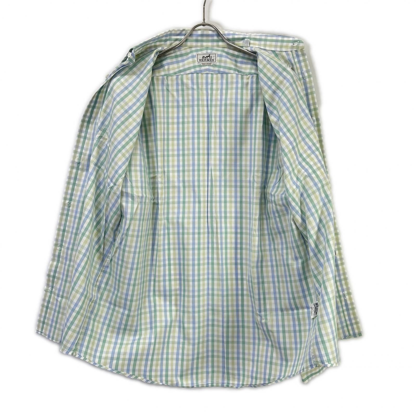HERMES エルメス 長袖シャツ セリエボタン グリーン系 チェック 41/16