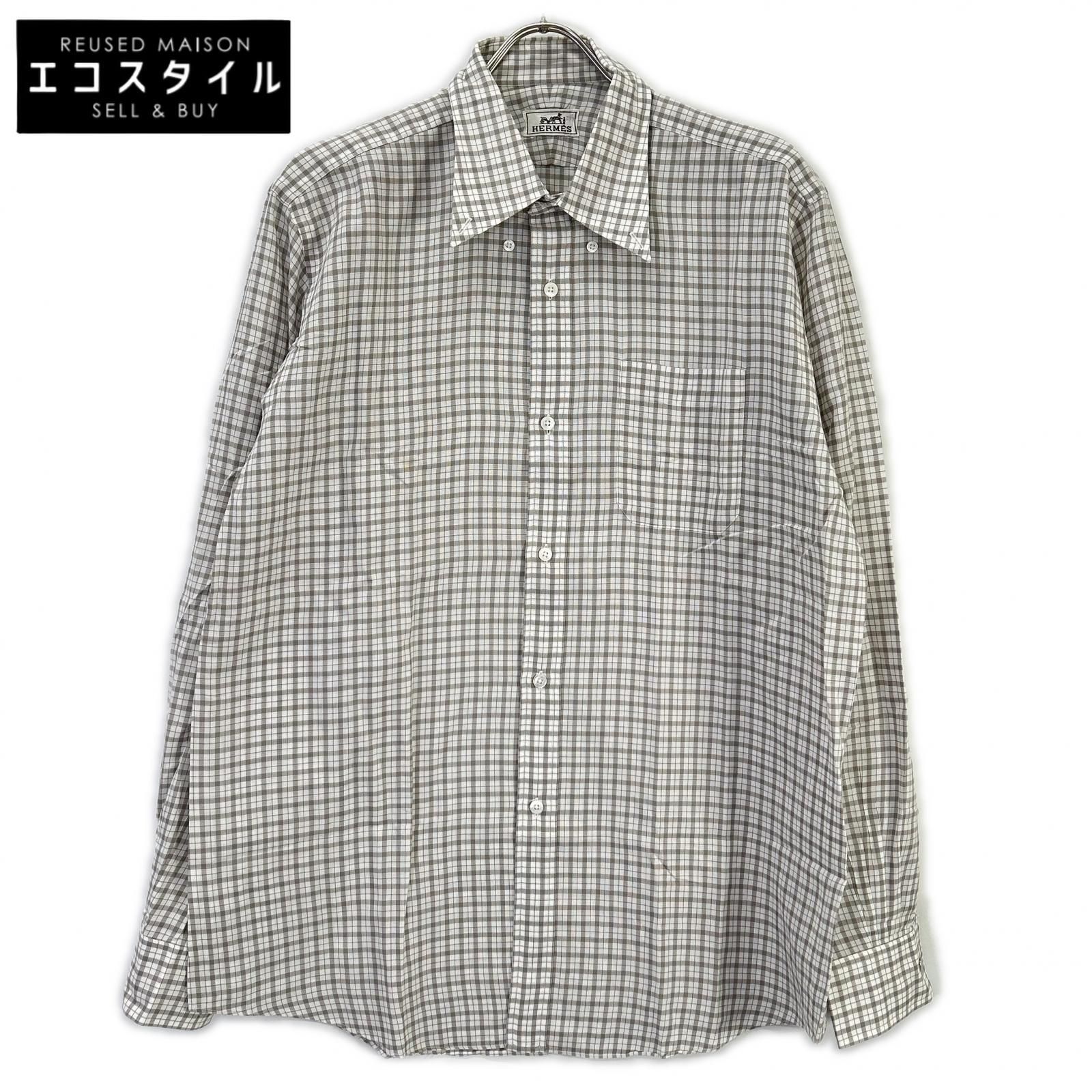 HERMES エルメス 長袖シャツ セリエボタン グレー チェック 42-16 1/2