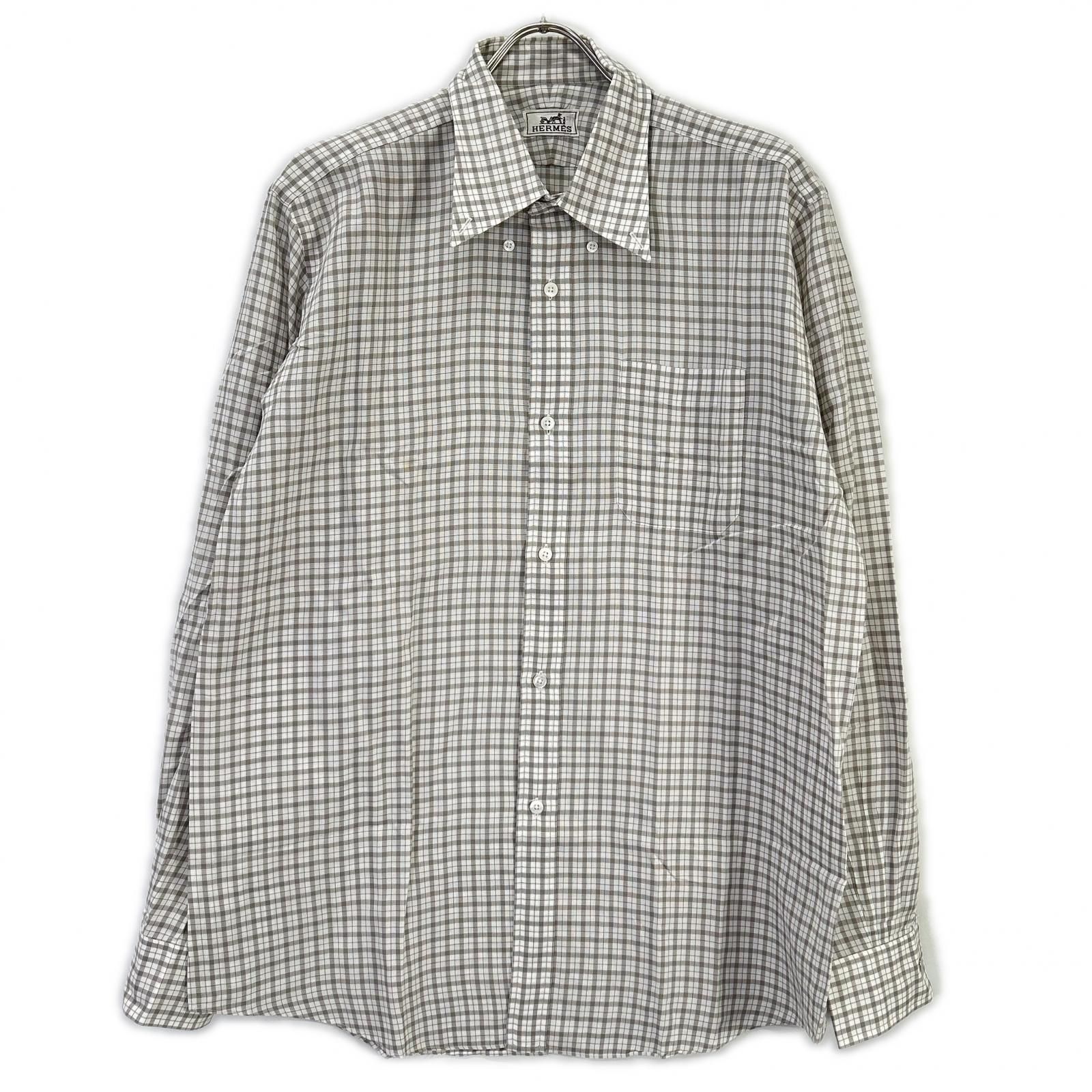 HERMES エルメス 長袖シャツ セリエボタン グレー チェック 42-16 1/2