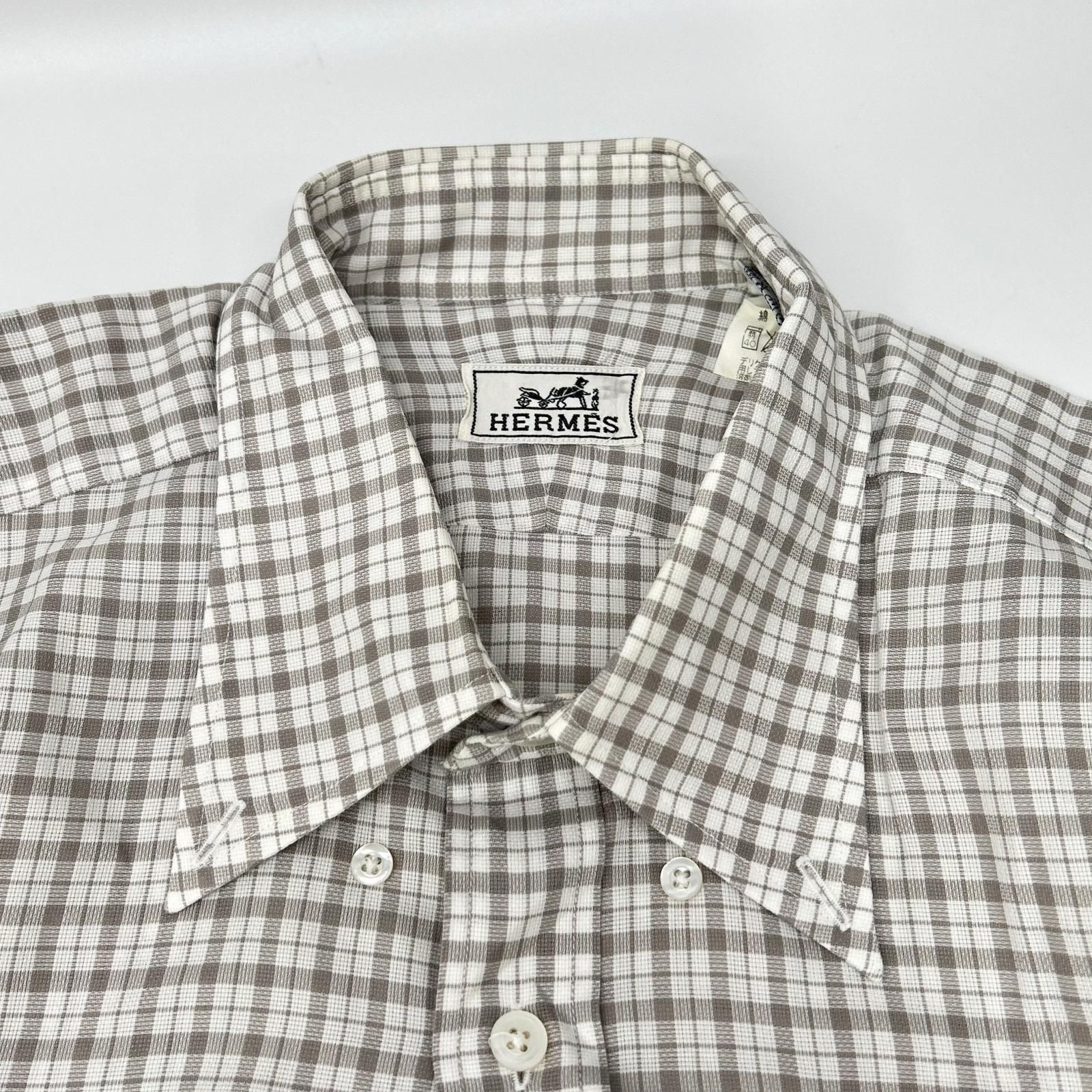 HERMES エルメス 長袖シャツ セリエボタン グレー チェック 42-16 1/2