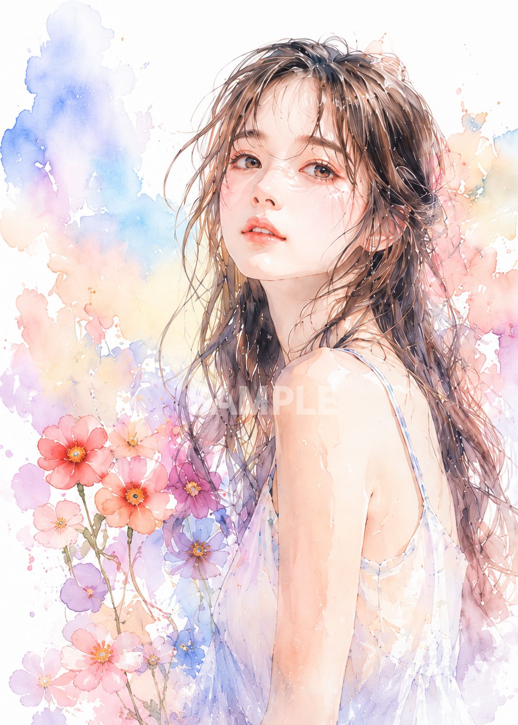 681 水彩画風 女性アート 花 イラスト ポスター インテリア 2Lサイズ