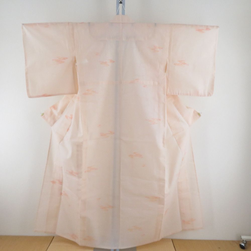 夏着物 小紋 薄オレンジ色x赤色x黄色 雲模様 広衿 夏用 小柄イサイズ