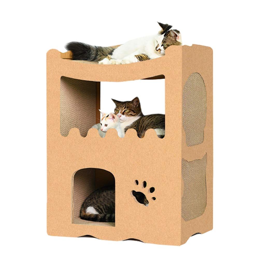 【RAKU】猫用爪とぎ キャットハウス キャットタワー ダンボールハウス 爪とぎ兼ベッド 猫箱 二階 組み立て式 高密度段ボール 収納簡単 ストレス解消 通気 (２部屋)mt 37a5348a