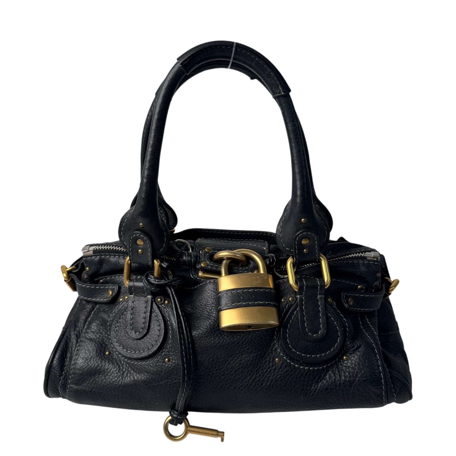 美品 クロエ Chloe パディントン ハンドバッグ 南京錠 カデナ ブラック レザー レディース