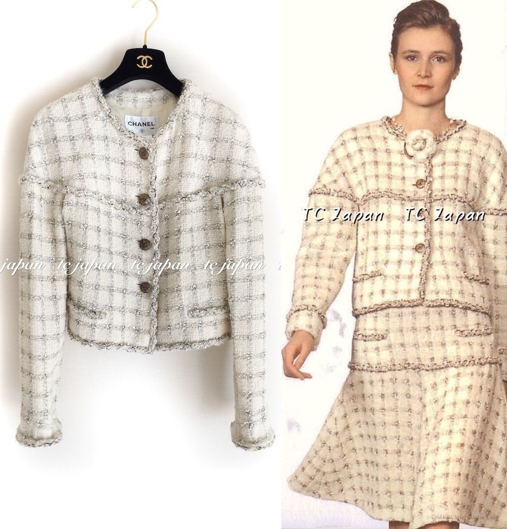 シャネル ジャケット CHANEL 89万 アイボリー クリーム チェーン ブレイド トリム ノーカラー カール ラガーフェルド 貴重 超美品 40 225,900円