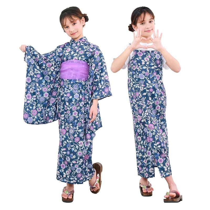 [KYOETSU] [キョウエツ] 浴衣セット 浴衣 ワンピース 女の子 2点セット(浴衣、兵児帯) ジュニア ガールズ (真夜中の想華, 150)