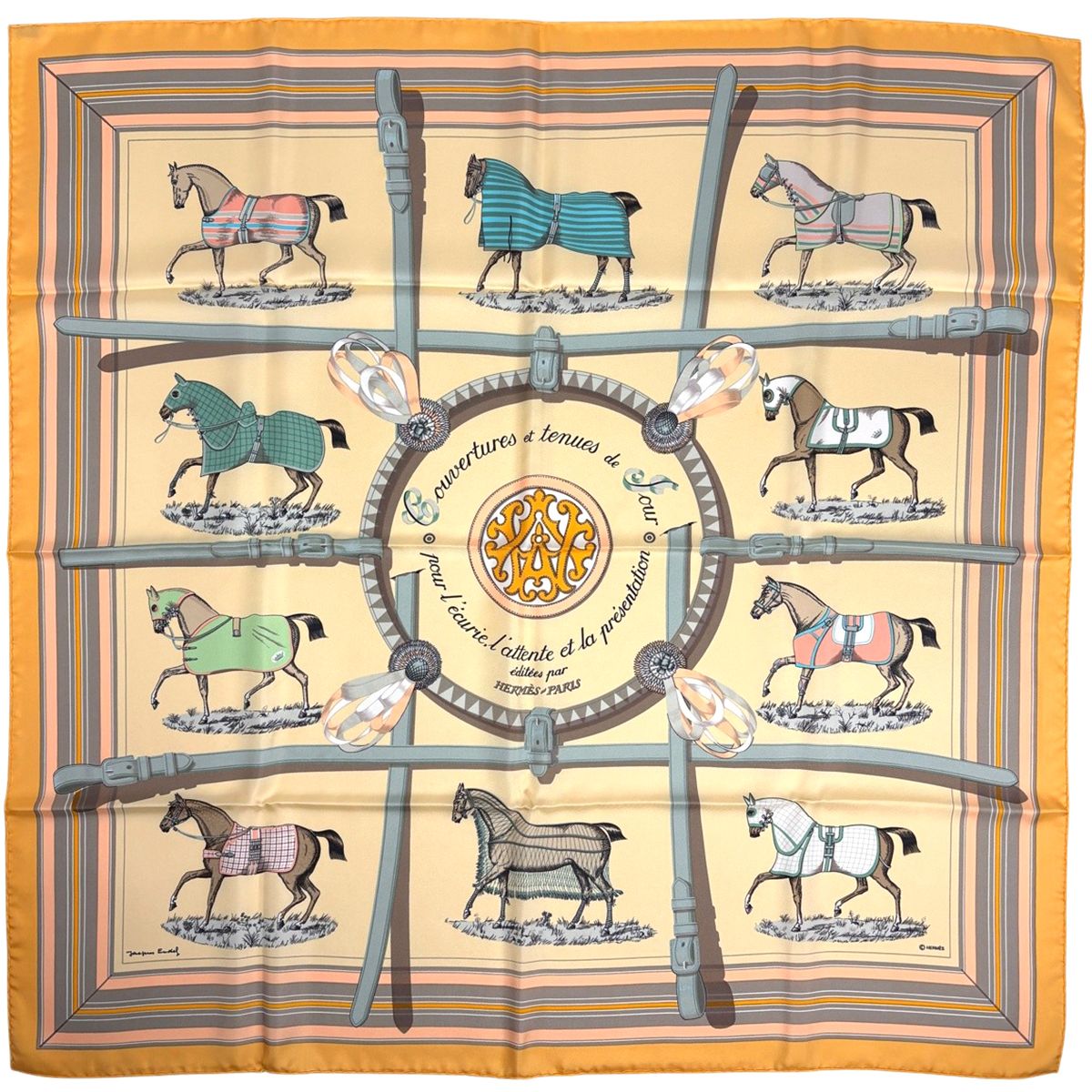 エルメス HERMES カレ90 Couvertures et Tenues de Jour スカーフ 馬着 シルク オレンジ マルチカラー レディース 【中古】