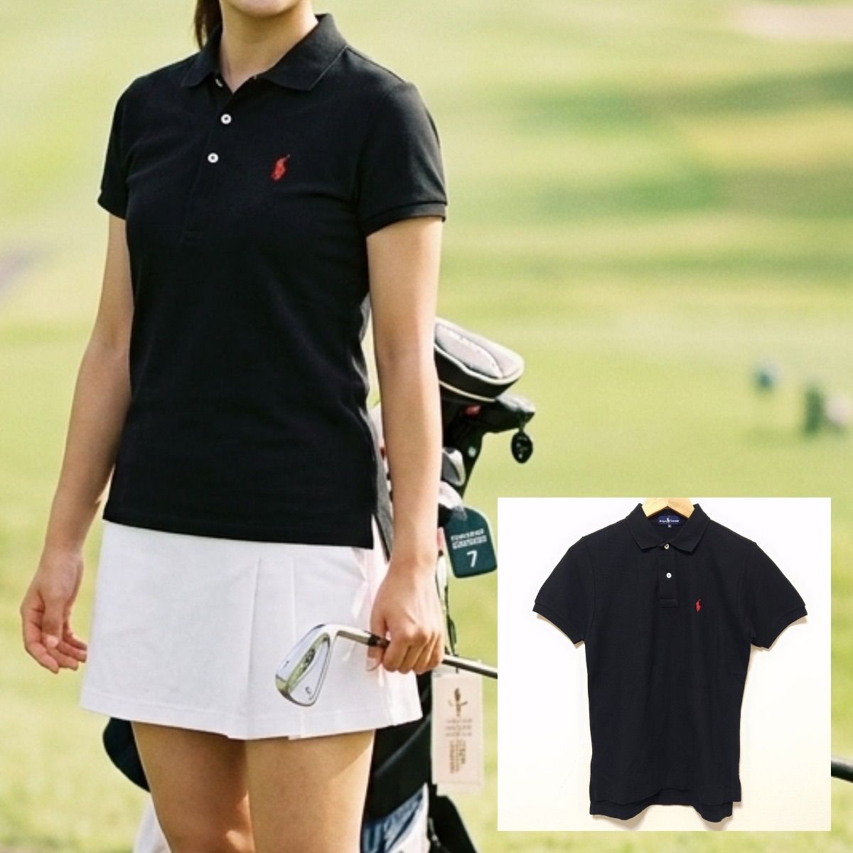 ゴルフウェアにも◎【RALPH LAUREN】ラルフローレン 半袖ポロシャツ コットン 綿100% トップス 無地 シンプル 定番 ベーシック カジュアル 古着MIX ブラック 黒 レディース サイズM/M49373jY