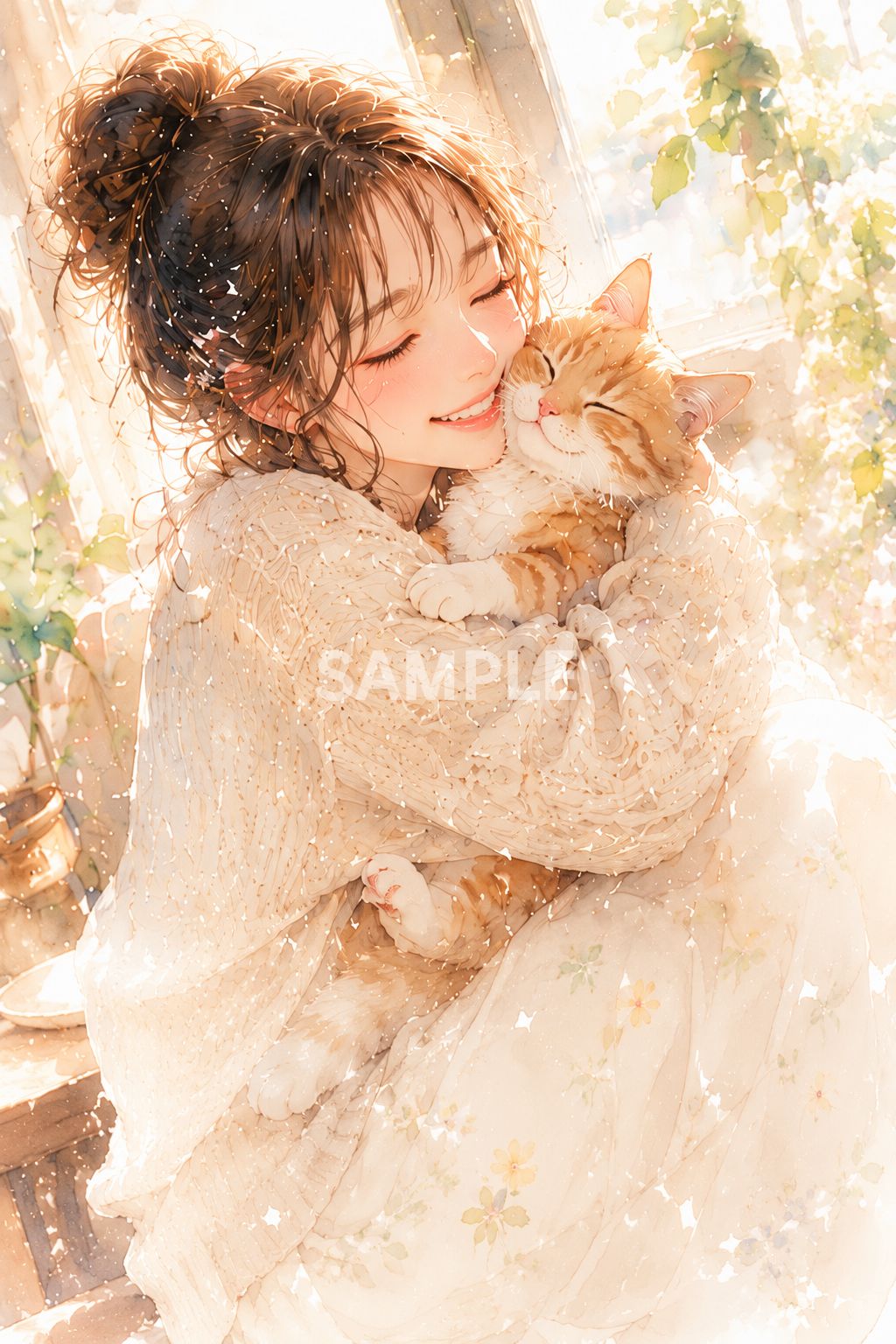 683 水彩画風 女性と猫 アート ポスター イラスト 癒し インテリア 2L