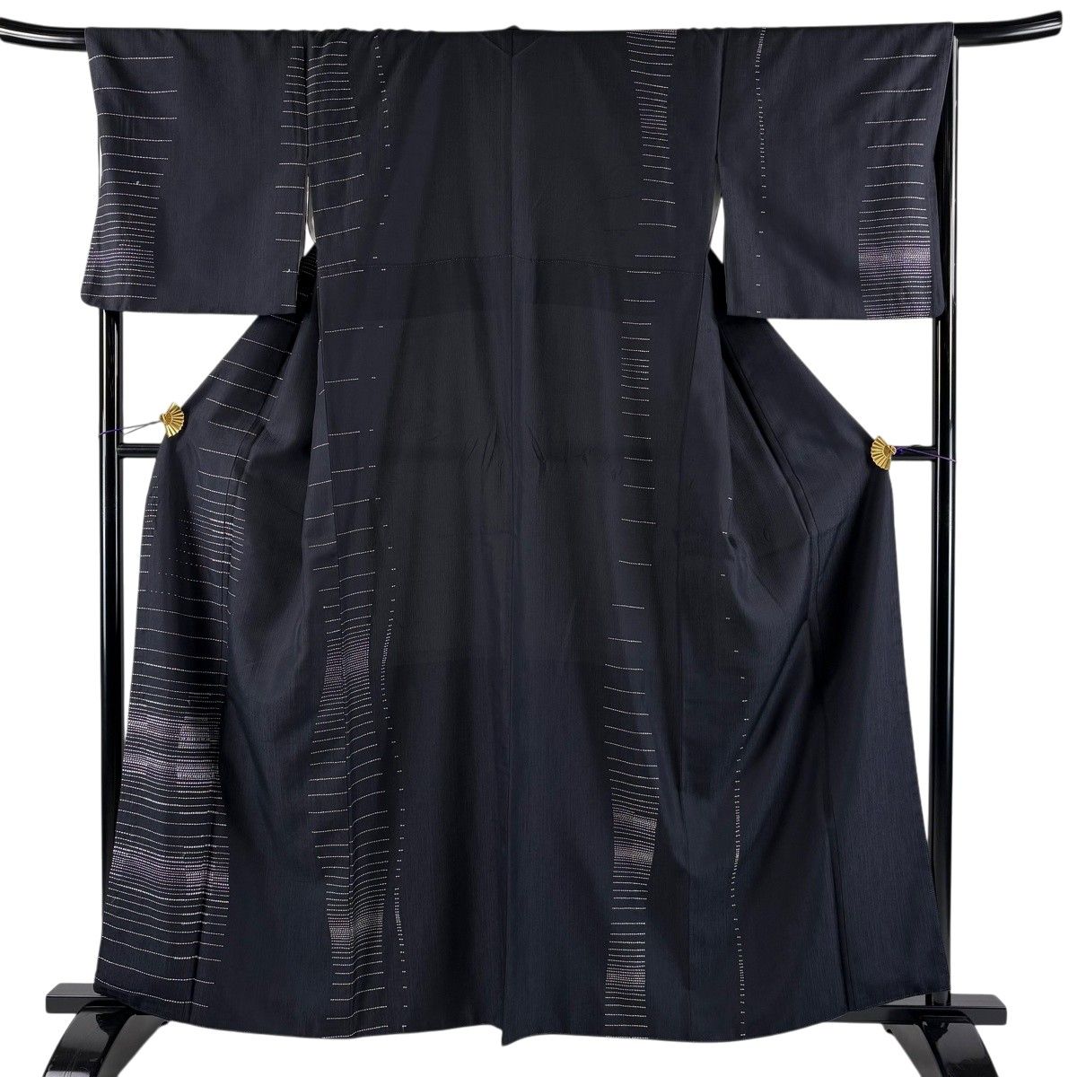 付下げ 身丈160.5cm 裄丈67cm M 袷 縞 幾何学 刺し子 墨色 正絹 逸品 【中古】