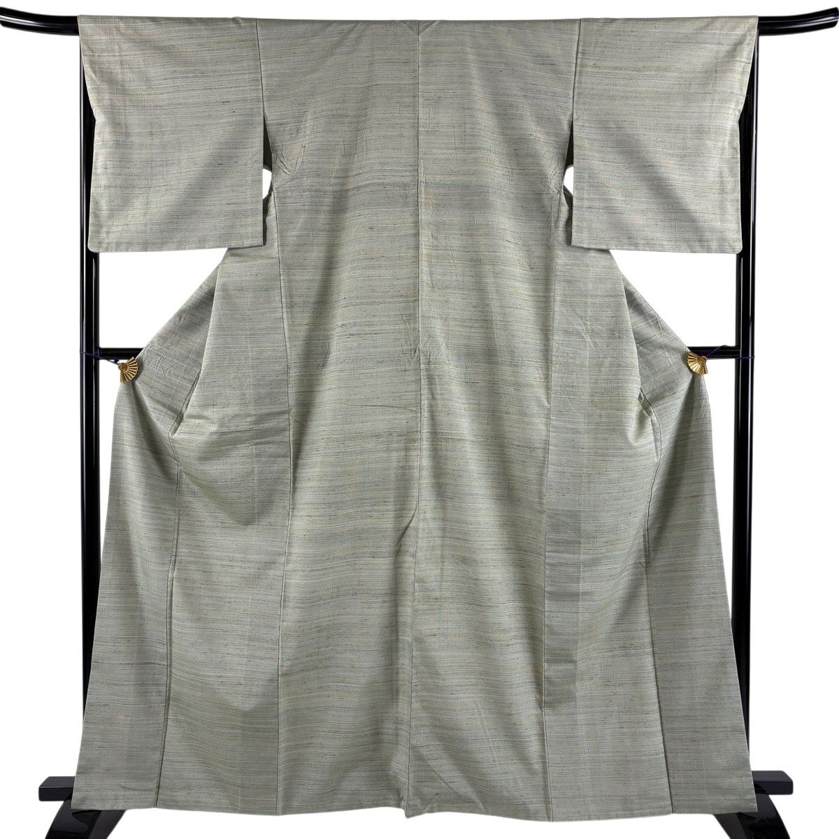 紬 身丈164cm 裄丈66cm M 袷 青山みとも 縞 灰緑 正絹 逸品 【中古】